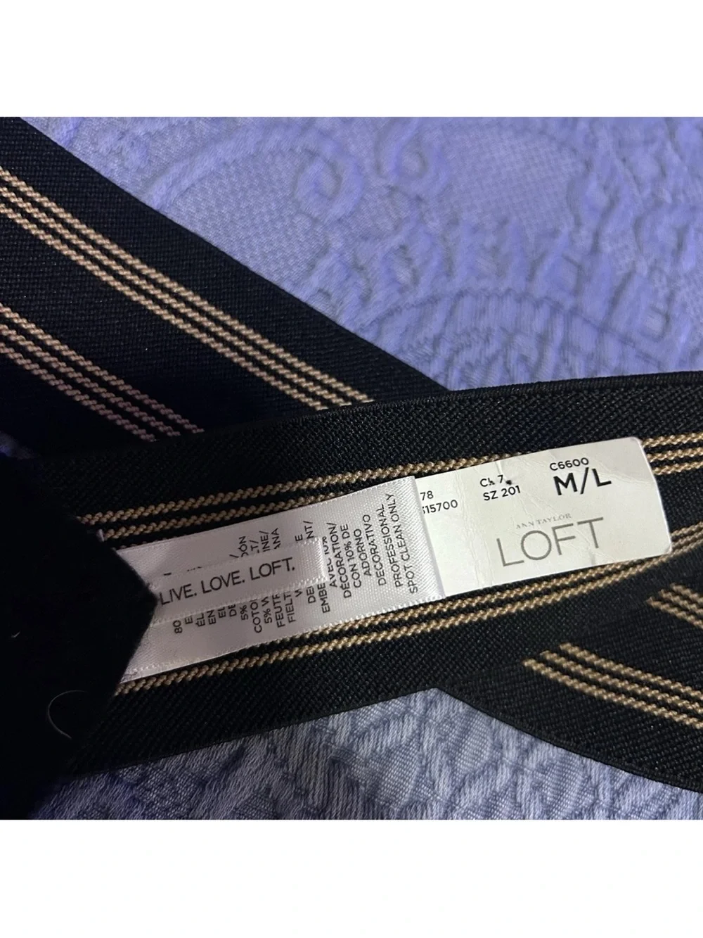 LOFT Wide Elastic Waist Belt Black Beige Striped Sequin Bling Buckle M/L